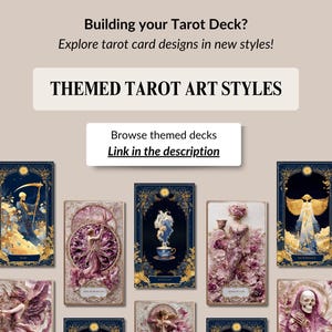 May include: An advertisement for tarot card decks. The image features several tarot card designs with a dark blue and gold color scheme. Text includes "THEMED TAROT ART STYLES" and "Link in the description."