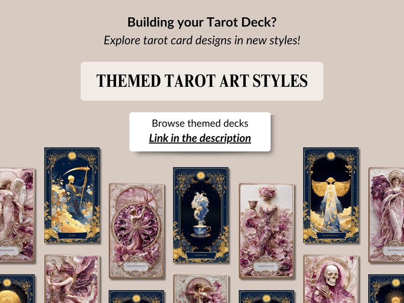 May include: An advertisement for tarot card decks. The image features several tarot card designs with a dark blue and gold color scheme. Text includes "THEMED TAROT ART STYLES" and "Link in the description."
