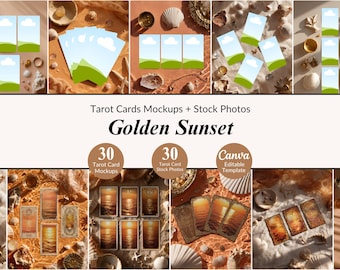 30 Golden Sunset Tarot Mockup Scenes and Stock Photos Bundle Mystical Tarot Beach Flat Lays Instagram Template Canva Spiritual Business PNG