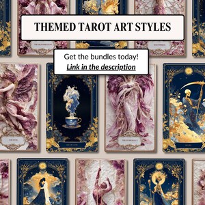 May include: A collection of tarot cards with various art styles. Each card features detailed illustrations in shades of blue, gold, and pink. The text "THEMED TAROT ART STYLES" and "Get the bundles today! Link in the description" are displayed.