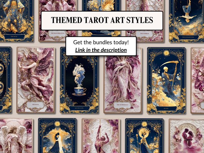 May include: A collection of tarot cards with various art styles. Each card features detailed illustrations in shades of blue, gold, and pink. The text "THEMED TAROT ART STYLES" and "Get the bundles today! Link in the description" are displayed.