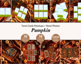 Pacote com 30 Mockups de Tarot com Abóboras e Fotos de Banco de Imagens, incluindo Layouts Planos de Produtos, Cartas de Tarot e Modelos para Canva, além de Mockups de Leitura de Tarot e Tiragens de Tarot.