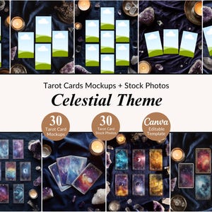 Puede incluir: Maquetas de cartas del tarot y fotos de stock con un tema celestial. La imagen incluye varios diseños de cartas del tarot, velas y cristales. El texto de la imagen dice "Tarot Cards Mockups + Stock Photos" y "Celestial Theme".