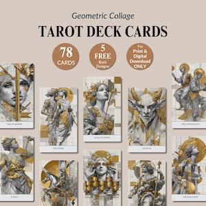 May include: Tarot deck cards with geometric collage art. The deck includes 78 cards and 5 free back designs. The cards feature illustrations in shades of gold, grey, and white. The text on the cards includes the words "Tarot Deck Cards".
