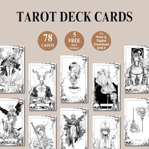 May include: A collection of tarot deck cards with intricate black and white illustrations. The cards feature detailed artwork with skulls and figures. The text "TAROT DECK CARDS" is at the top, with details about the deck, including "78 CARDS" and "5 FREE Back Designs".
