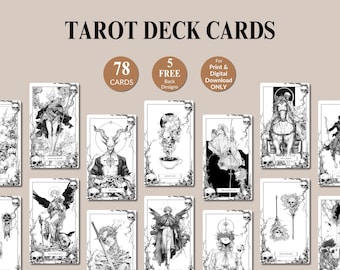 May include: A set of tarot deck cards with detailed black and white illustrations. The cards display intricate artwork with skulls and figures. The text "TAROT DECK CARDS" is at the top, with details about the deck, including "78 CARDS" and "5 FREE Back Designs".