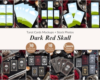 30 Dark Red Skull Tarot Mockup Scenes and Stock Photos Bundle Flat Lays Cards Mockup Oracle Deck Tarot Instagram Template Canva Tarotspread