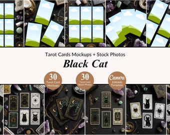 30 Black Cat Skull Tarot Mockup Scenes and Stock Photos Bundle Tarot Template Spiritual Business Witchy Tarot Reading Canva Template Mockup