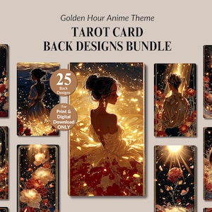 May include: A bundle of tarot card back designs with a golden hour anime theme. The image features several card designs with illustrations of women, flowers, and celestial elements. The text on the image reads "TAROT CARD BACK DESIGNS BUNDLE".