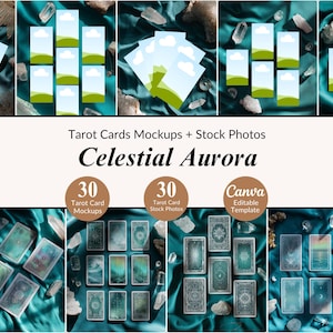 May include: A collection of tarot card mockups and stock photos titled Celestial Aurora, featuring 30 editable Canva templates. The display includes rectangular cards with green landscape graphics and intricate teal patterned designs on a silk fabric.