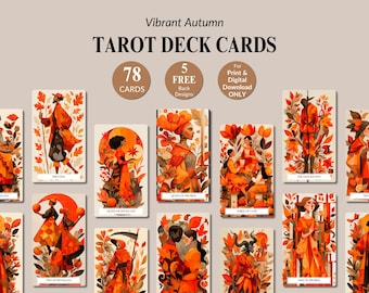 Printable Vibrant Autumn Tarot Card Bundle Digital Download 78 Card Deck Tarot Collection Halloween Design Tarot PNG Bundle Divination Set