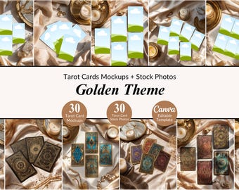 30 Golden Tarot Mockup Scenes and Stock Photos Bundle Flat Lays Card Template Tarot Marketing For Spiritual Business Instagram Post Template
