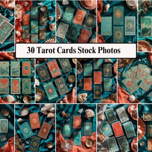 May include: A collection of tarot cards in various designs, including images of the sun, moon, and landscapes. The cards are arranged on a teal fabric with seashells and coral accents. The text "30 Tarot Cards Stock Photos" is displayed.