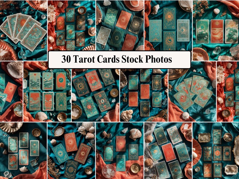 May include: A collection of tarot cards in various designs, including images of the sun, moon, and landscapes. The cards are arranged on a teal fabric with seashells and coral accents. The text "30 Tarot Cards Stock Photos" is displayed.