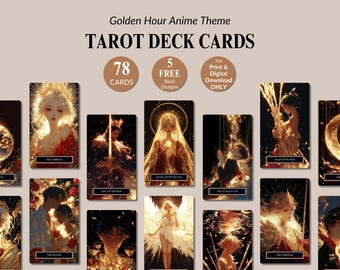 Printable Anime Golden Hour Tarot Deck Cards Mystical Digital Download Artful Deck 78 Cards Tarot Anime Collection PNG Divination Set Bundle