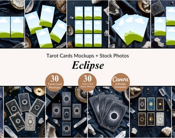 Pacote com 30 Mockups e Fotos de Banco de Imagens de Tarot Eclipse: Cartas de Tarot Celestial, Modelos para Canva, Fotos Flat Lay, Estética do Tarot, Tarot Etéreo