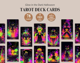 Pacote de baralho de tarô de Halloween que brilha no escuro para imprimir, arte mística de tarô em PNG, coleção de cartas de tarô personalizadas para download digital, tarô de terror.