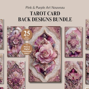 Puede incluir: Un conjunto de diseños de dorso de cartas del tarot en estilo Art Nouveau rosa y púrpura. El paquete incluye 25 diseños con patrones florales y ornamentados. El texto de la imagen dice "Pink & Purple Art Nouveau TAROT CARD BACK DESIGNS BUNDLE".