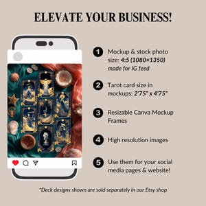 May include: A smartphone displays a mockup of tarot cards on a social media feed. The cards are navy blue with gold accents. Text on the image reads "Elevate Your Business!" and lists features like high-resolution images and resizable Canva mockup frames.