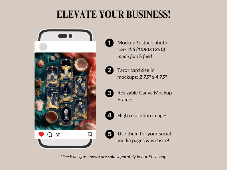 May include: A smartphone displays a mockup of tarot cards on a social media feed. The cards are navy blue with gold accents. Text on the image reads "Elevate Your Business!" and lists features like high-resolution images and resizable Canva mockup frames.