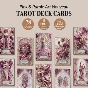 Puede incluir: Juego de cartas de tarot Art Nouveau en tonos rosa y morado. Las cartas presentan ilustraciones detalladas de figuras y escenas, con el texto "TAROT DECK CARDS", "78 CARDS", y "5 FREE Back Designs". Solo para impresión y descarga digital.