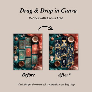 May include: An image showing a before and after comparison of tarot card designs. The text reads "Drag & Drop in Canva" and "Works with Canva Free." The "Before" image displays a teal and red tarot card layout, while the "After" image shows a navy and gold design.