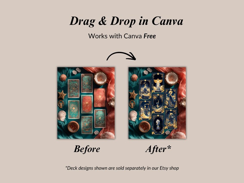 May include: An image showing a before and after comparison of tarot card designs. The text reads "Drag & Drop in Canva" and "Works with Canva Free." The "Before" image displays a teal and red tarot card layout, while the "After" image shows a navy and gold design.