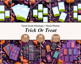 Pacote com 30 Mockups de Tarot "Doces ou Travessuras" e Fotos de Banco de Imagens para o Halloween, Cartões de Tarot, Layouts Planos de Produtos, Modelo Canva para Cartões de Visita Espirituais