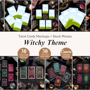 30 häxiga tarotmodellscener och stockbilder, paket med tarotkortmall, modell för Instagram-inlägg, Canva-mall för häxläsningsföretag