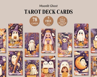 Printable Moonlit Ghost Tarot Card Bundle Halloween Tarot Deck Cards Borderless Design Digital Download Tarot Collection PNG Bundle Cards