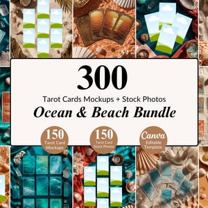 Puede incluir: Un collage de maquetas de cartas del tarot y fotos de stock con temática de océano y playa. La imagen incluye varios diseños de cartas del tarot, conchas marinas y el texto "300 Tarot Cards Mockups + Stock Photos Ocean & Beach Bundle".