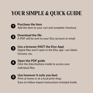 May include: A beige graphic with the text "YOUR SIMPLE & QUICK GUIDE" and numbered steps. Instructions include purchasing, downloading a PDF, using a browser, opening the PDF guide, and printing at home or a local shop.