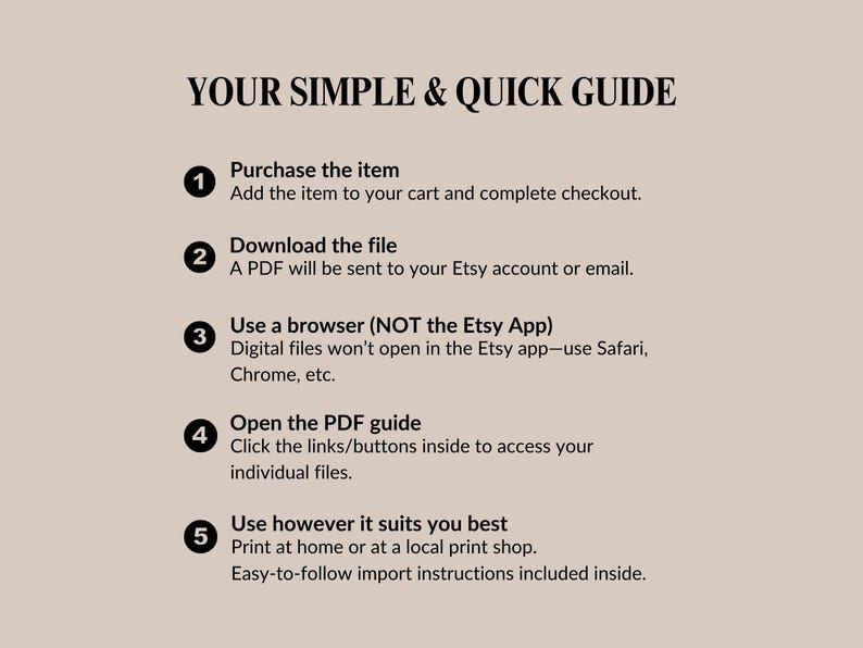 May include: A beige graphic with the text "YOUR SIMPLE & QUICK GUIDE" and numbered steps. Instructions include purchasing, downloading a PDF, using a browser, opening the PDF guide, and printing at home or a local shop.