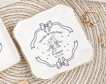 Personalized Ceramic Ring Dish, Custom Wedding Engagement Gift, Bow Ring Holder Gift for Bride, Anniversary Gifts, Bridal Shower Gift