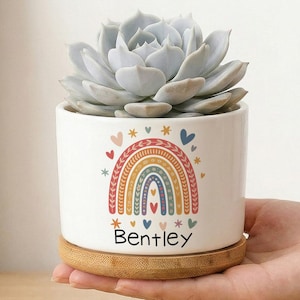 Maceta personalizada para suculentas arcoíris, maceta con nombre personalizado para bebé, maceta estilo boho para guardería, regalos para bebés (niño y niña), decoración para estantes de habitaciones infantiles.