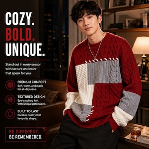 Patchwork Sweater | Oversized Cable Knit | Y2K Grunge Knitwear