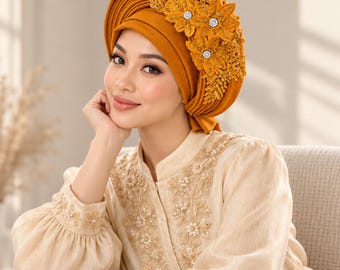 Women's Floral Sequin Turban Headwrap, Elegant Pleated African Headwear for Special Occasions