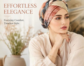 May include: A head wrap featuring a braided design with a tie-dye pattern in shades of rust, beige, and dark blue. The text on the image reads: EFFORTLESS ELEGANCE. Everyday Comfort, Timeless Style. The head wrap is worn with gold hoop earrings.