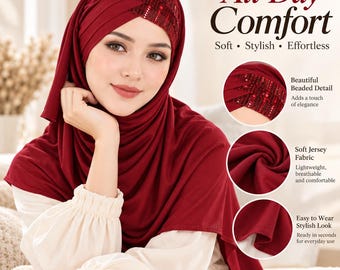 Hijab pronto da indossare per donna, foulard in jersey con perline, turbante elasticizzato, sciarpa per tutti i giorni