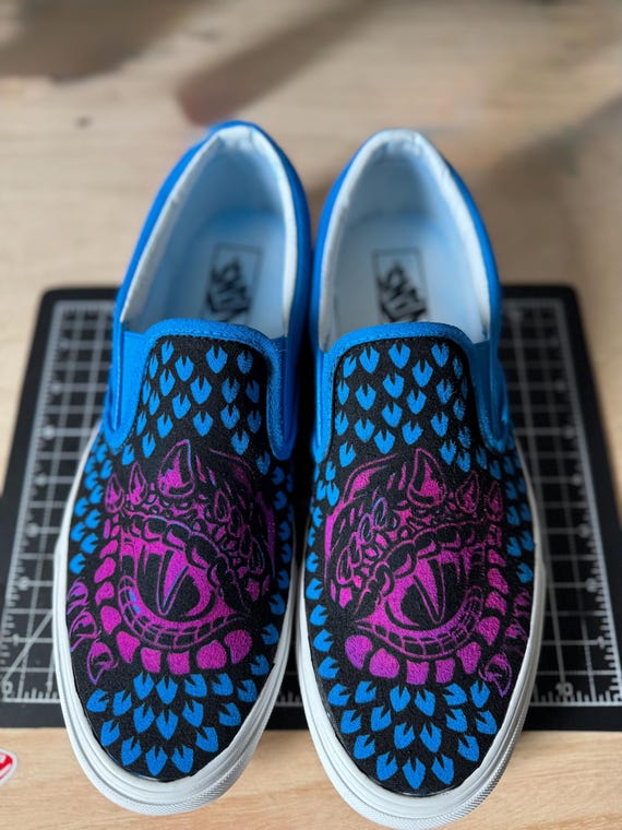 Custom Hand Painted Vans Slip On Shoes Fierce Beast Design Unique Wearable Art