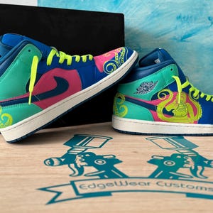 Custom Hand-Painted Air Jordan 1 Mid Sneakers – Neon Octopus Style