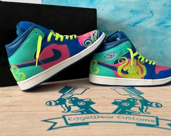 Custom Hand-Painted Air Jordan 1 Mid Sneakers – Neon Octopus Style