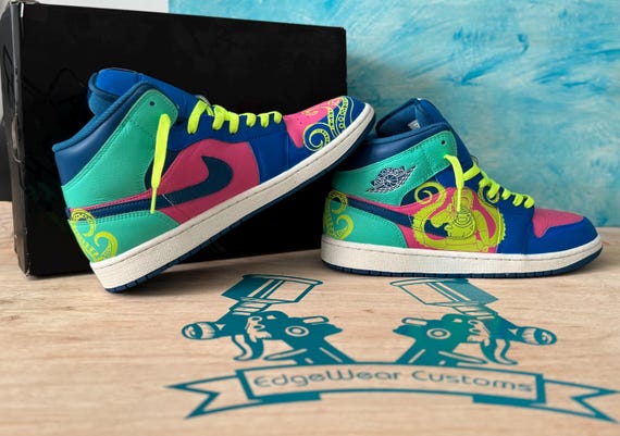 Custom Hand-Painted Air Jordan 1 Mid Sneakers – Neon Octopus Style