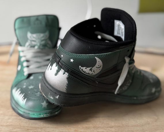 Custom Hand-Painted Forest Night Sky Sneakers | Unique Artistic High Tops