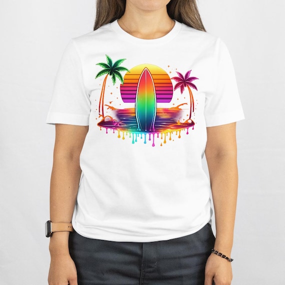 Neon Surf Sunset T-Shirt Retro Vapor Wave Beach Graphic Tee, Colorful Palm Tree Surfboard Shirt, Unisex Streetwear