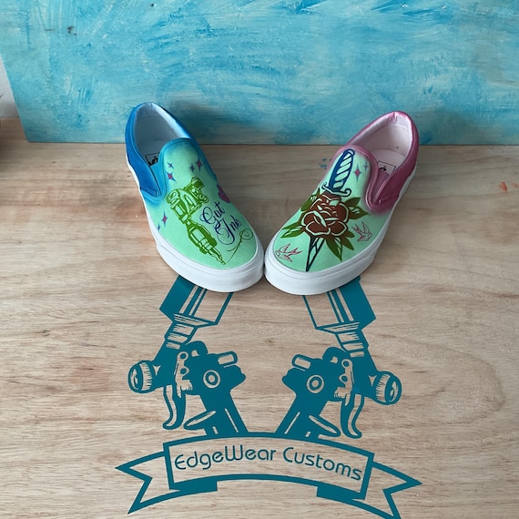 Custom Tattoo-Inspired Slip-On Shoes | Hand-Painted Vans Style Sneakers | EdgeWear Customs