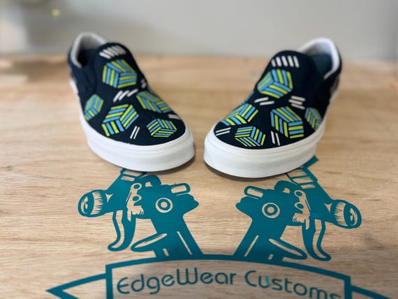 Hand-Painted Geometric Slip-On Sneakers – Modern Cube Pattern in Green & Blue