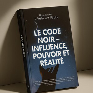 Peut inclure: Un livre intitulé "LE CODE NOIR - INFLUENCE, POUVOIR ET RÉALITÉ" de L'Atelier des Miroirs. La couverture est sombre avec du texte blanc et une silhouette. Le livre est posé contre un fond neutre.