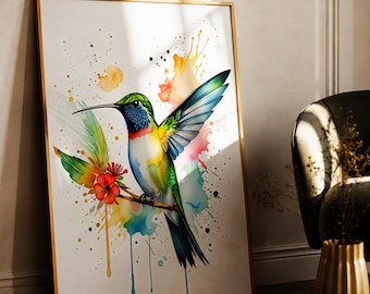 Watercolor Hummingbird Wall Art Print, Colorful Tropical Bird Decor, Digital Download