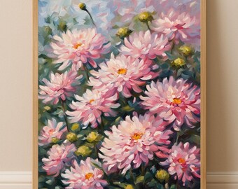 Lámina decorativa de pared con estampado de crisantemos rosas estilo óleo, decoración floral primaveral para salón (descarga digital)